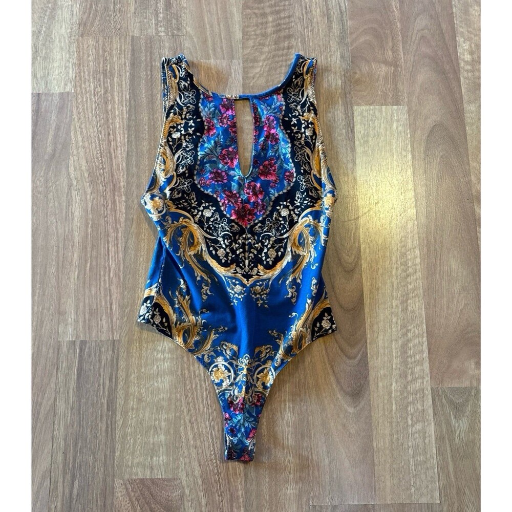 NWT Free People Baroque Floral Keyhole Bodysuit Blue Gold Women's Small